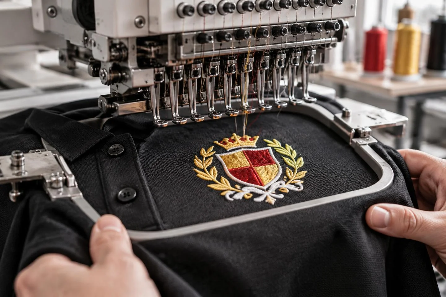 Broderie réalisée sur un vêtement dans un atelier de personnalisation textile