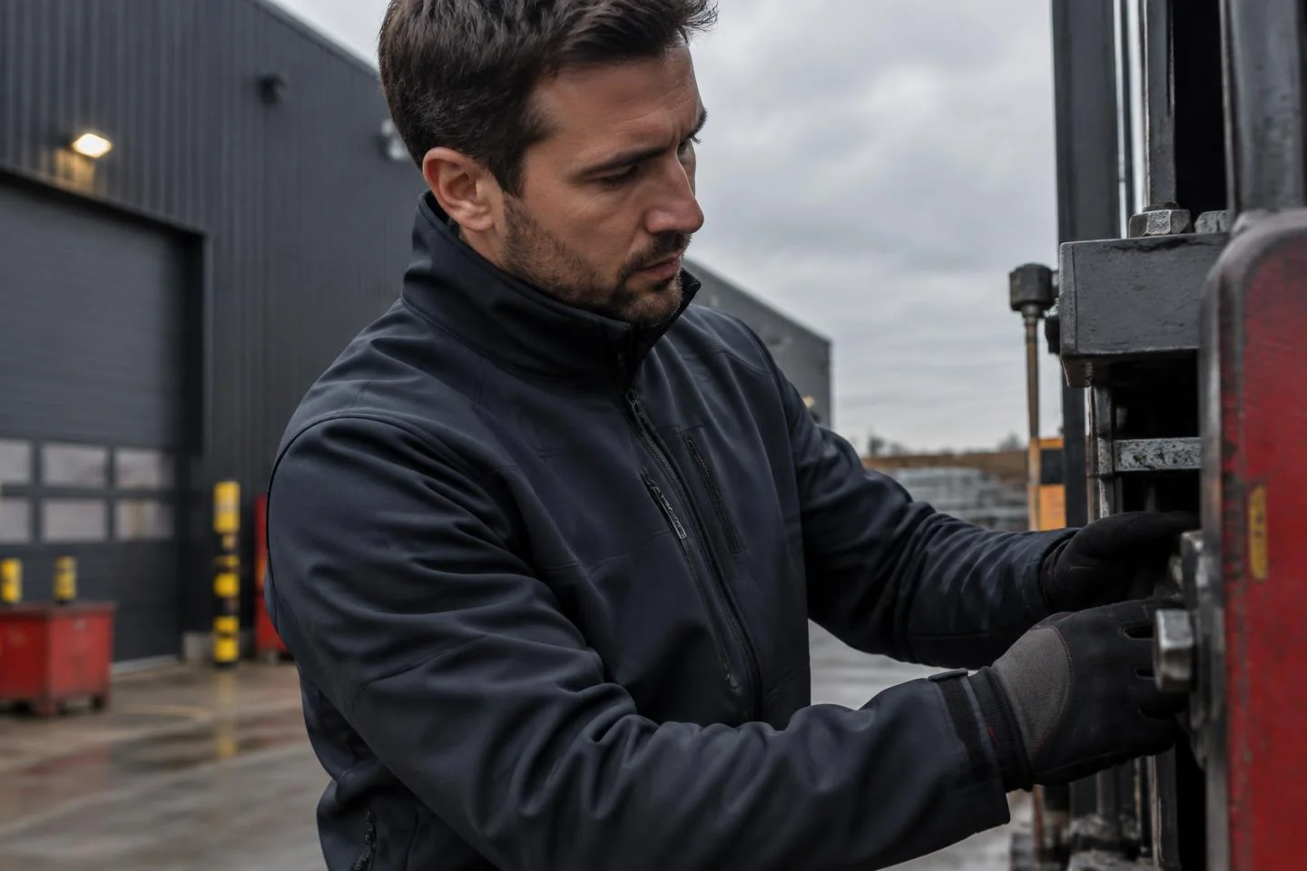 Technicien portant un blouson softshell technique en atelier extérieur